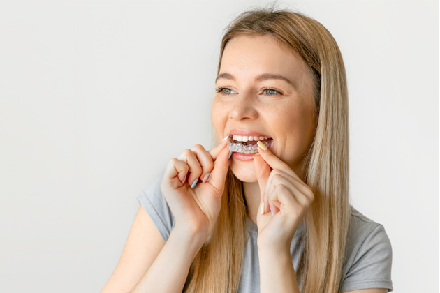 Young woman flossing teeth against white background, demonstrating proper dental hygiene practice.