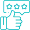 Thumbs up hand with three-star rating badge indicating customer satisfaction and dental service quality review.