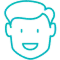 Simple line-drawn face of smiling child with open mouth, teal outline style