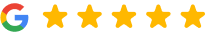 Google logo with five gold stars indicating a five-star dental review rating